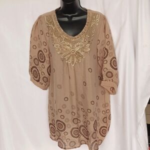 Mad about style 3/4 sleeve dress, Tan, Pearls/Applique, SemiSheer, 21" Ptp, 31"L
